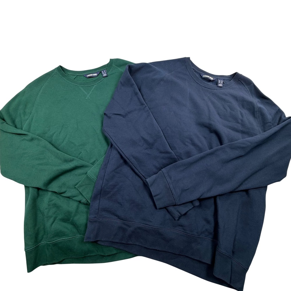 Lands End Sweatshirt Mens XL Green Navy Blue 2 Pack Raglan Crewneck Bundle Set